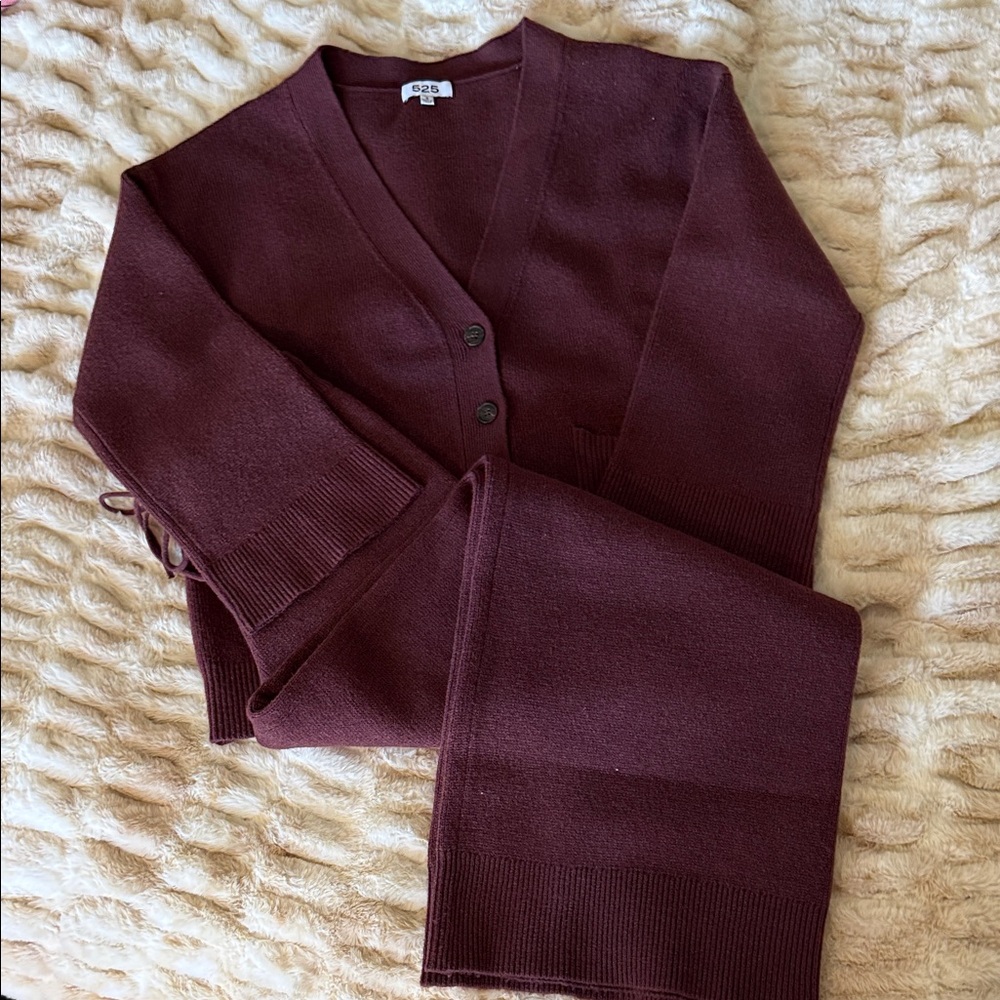 Burgundy V-Neck Button Cardigan Sweater Set